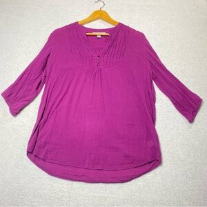 Old Navy Tunic Top Blouse Womens M Fushia 3/4 Sleeve Button Henley V Neck Career